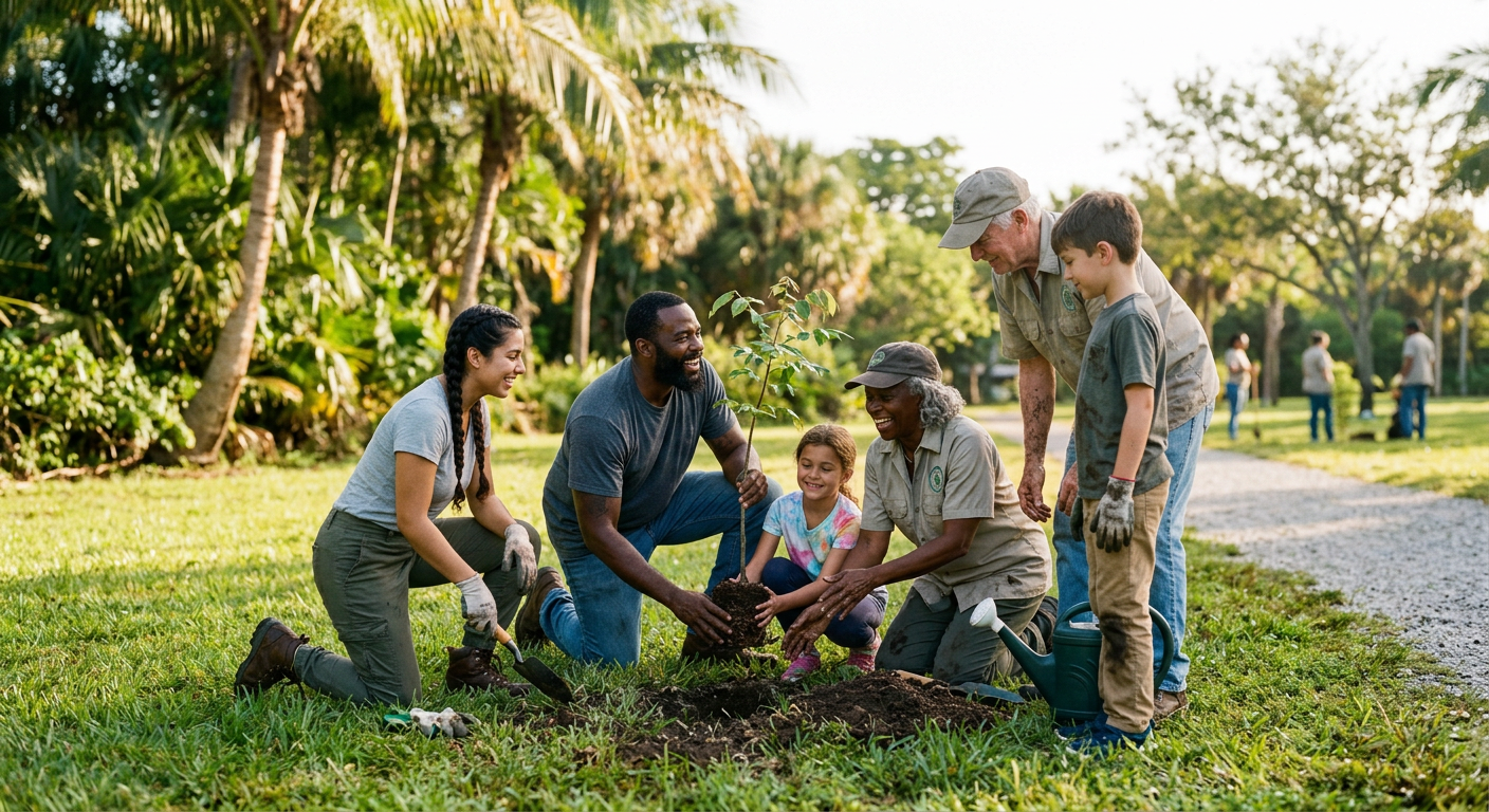 Community volunteers planting a young tree together in a sunny Florida park
